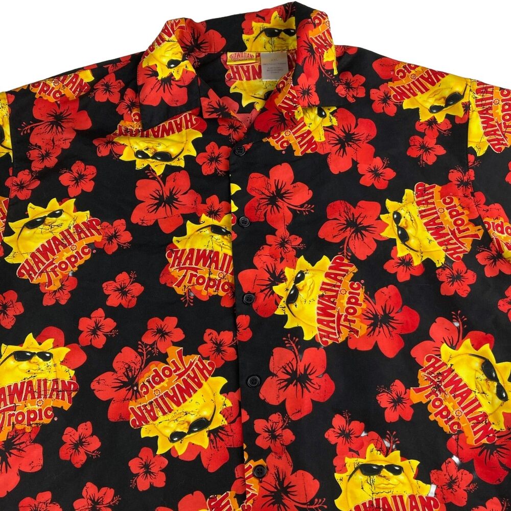 Hawaiian Tropic Mens XXL Hawaiian Shirt Black Red Floral Sun Button Up Camp